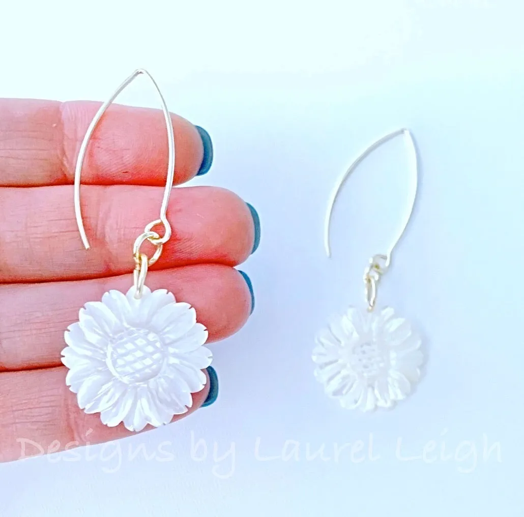 Mother of Pearl Sunflower Earrings - White & Gold