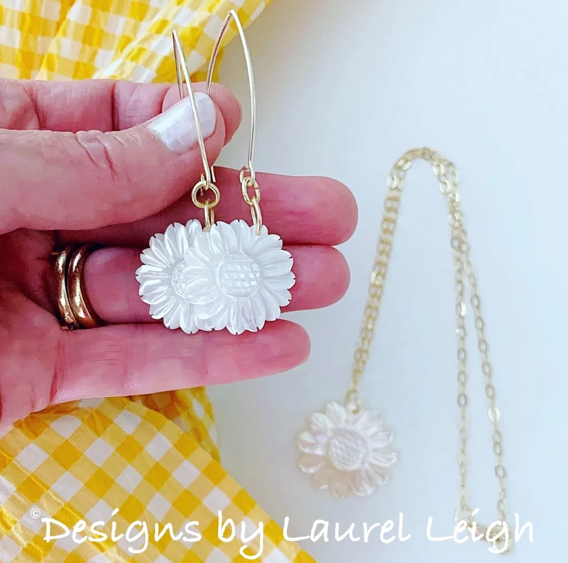 Mother of Pearl Sunflower Earrings - White & Gold