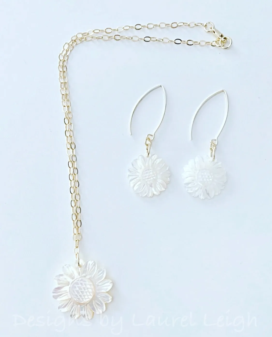 Mother of Pearl Sunflower Earrings - White & Gold