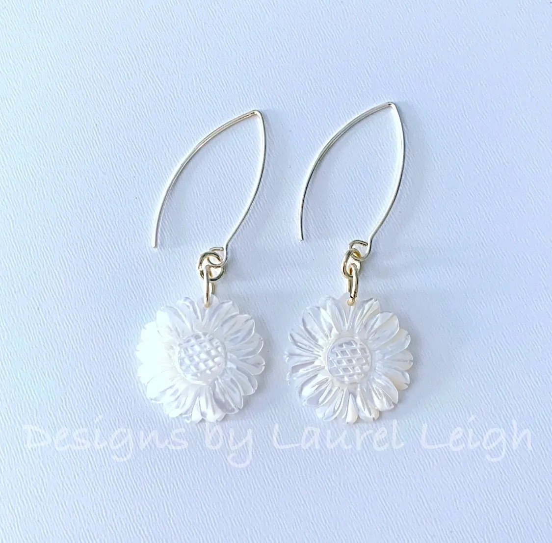 Mother of Pearl Sunflower Earrings - White & Gold