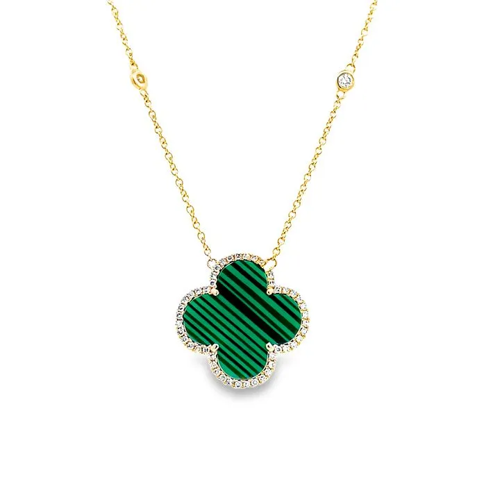 Mountz Collection Malachite Clover Pendant Necklace with Diamonds in 14K Yellow Gold