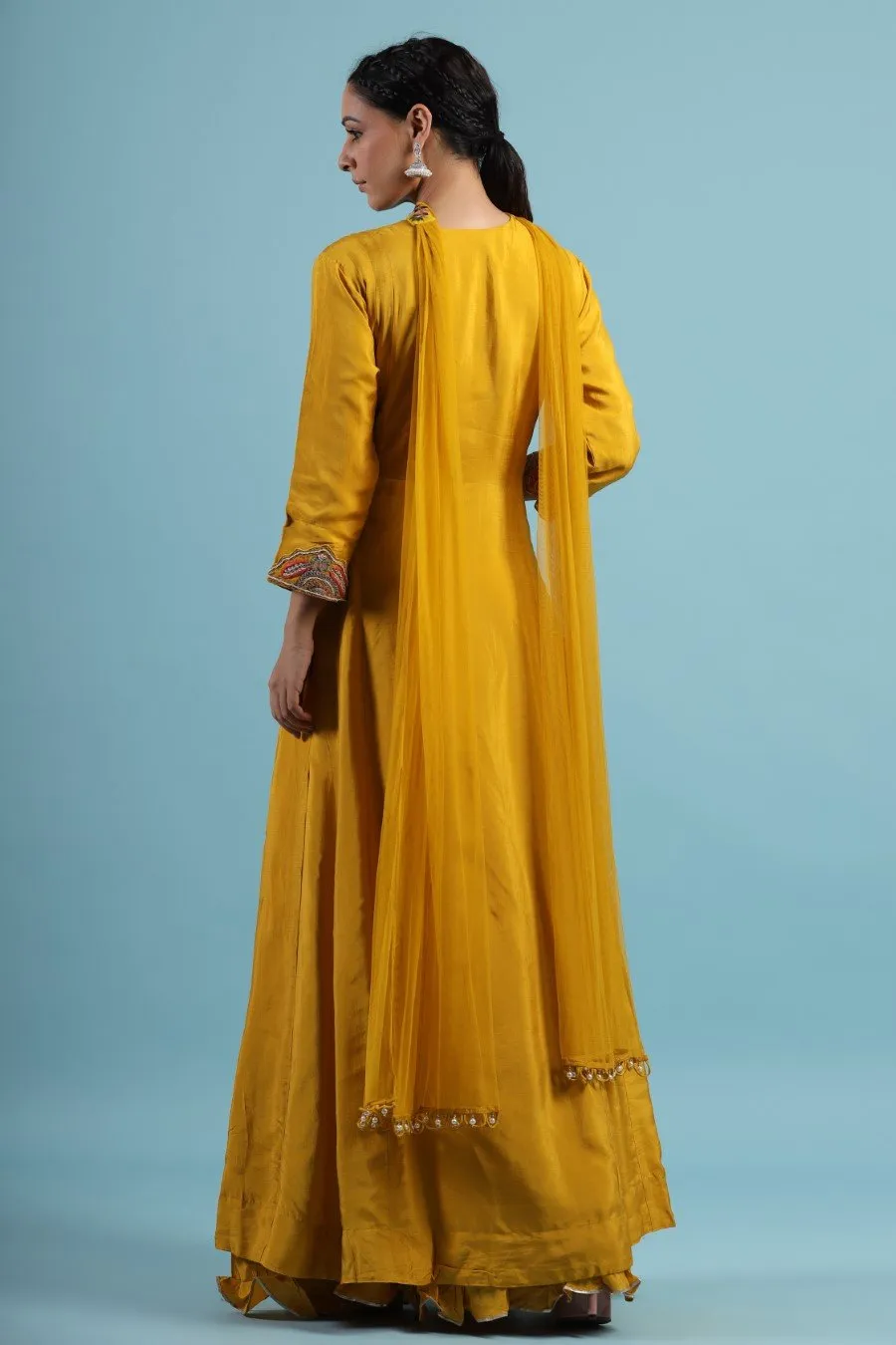 Mustard Kashmiri Silk Embroidered Anarkali with Dupatta