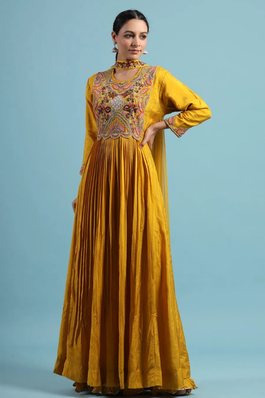 Mustard Kashmiri Silk Embroidered Anarkali with Dupatta