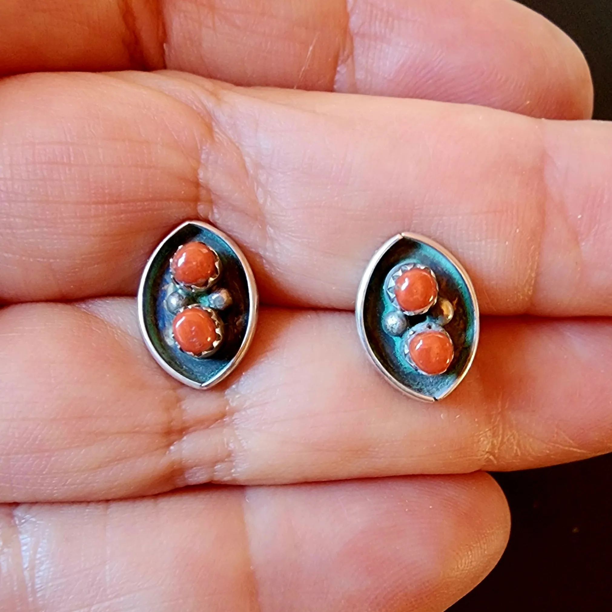 Natural Red Coral Zuni Post Earrings