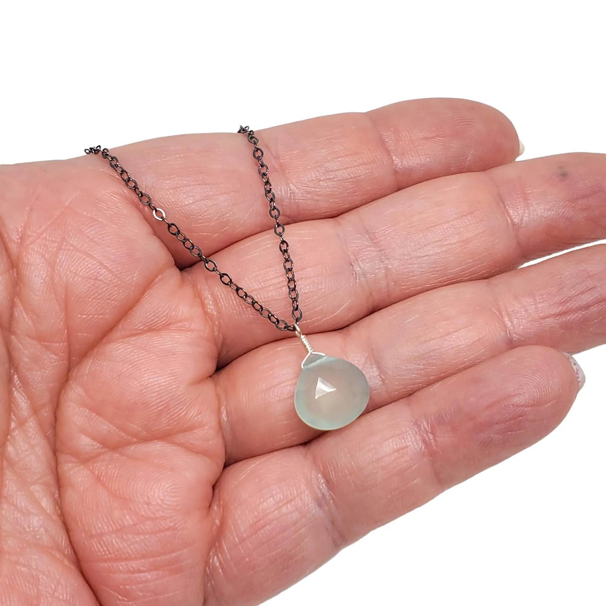 Necklace - Aqua Chalcedony Gemstone Oxidized Sterling by Foamy Wader