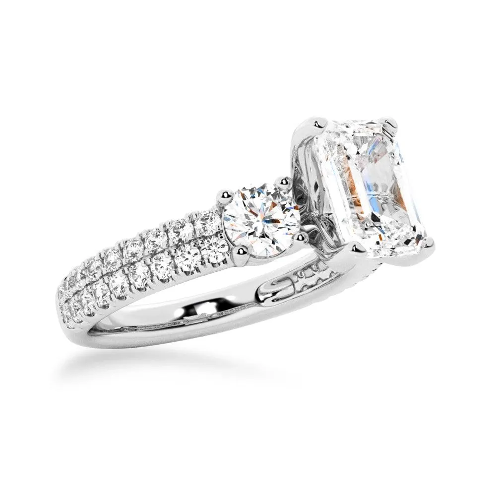 NEW Double Row Pave Three Stone Emerald Cut Moissanite Engagement Ring