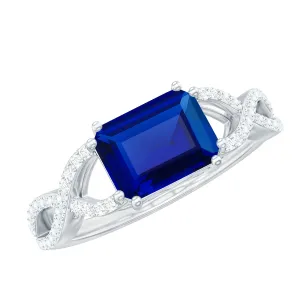 Octagon Created Blue Sapphire East-West Crossover Ring with Diamond