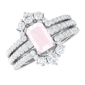 Octagon Cut Rose Quartz Solitaire Ring Set with Moissanite