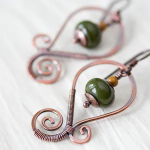 Olive Green Lampwork Earrings, Oxidized copper wirework, hypoallergenic