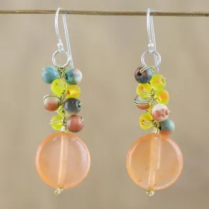 Orange Quartz and Glass Bead Dangle Earrings from Thailand - Fun Circles in Orange | NOVICA