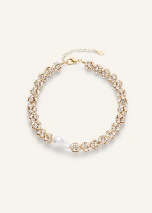 Pearl and crystal beads necklace in gold