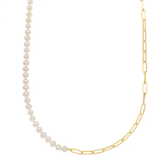 Pearl and Lite Paperclip Necklace in 14K Yellow Gold