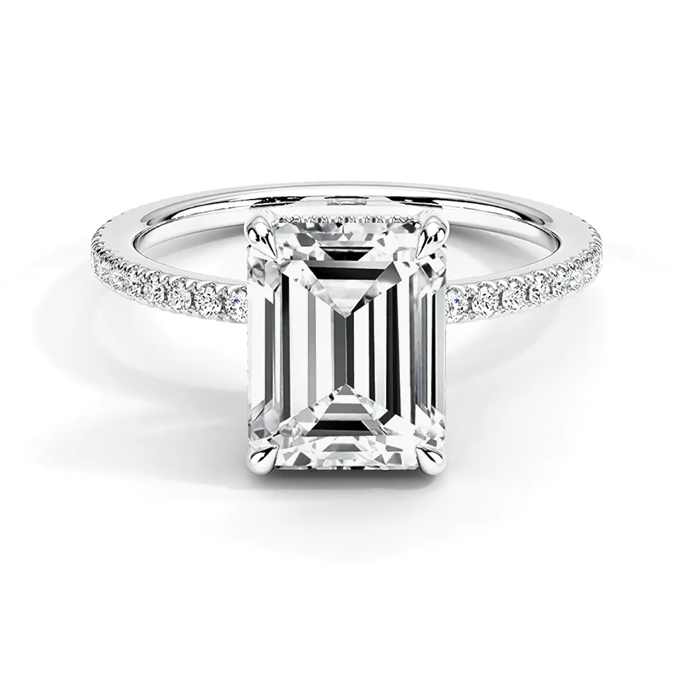 Petite Pavé Emerald Cut Engagement Ring With Hidden Halo