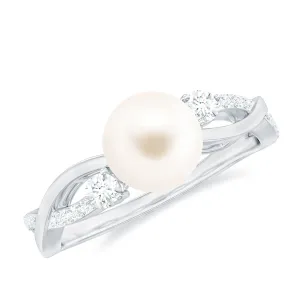 Real Freshwater Pearl Solitaire Crossover Ring with Diamond