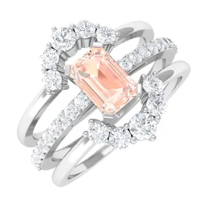 Real Morganite Solitaire Trio Ring Set with Diamond