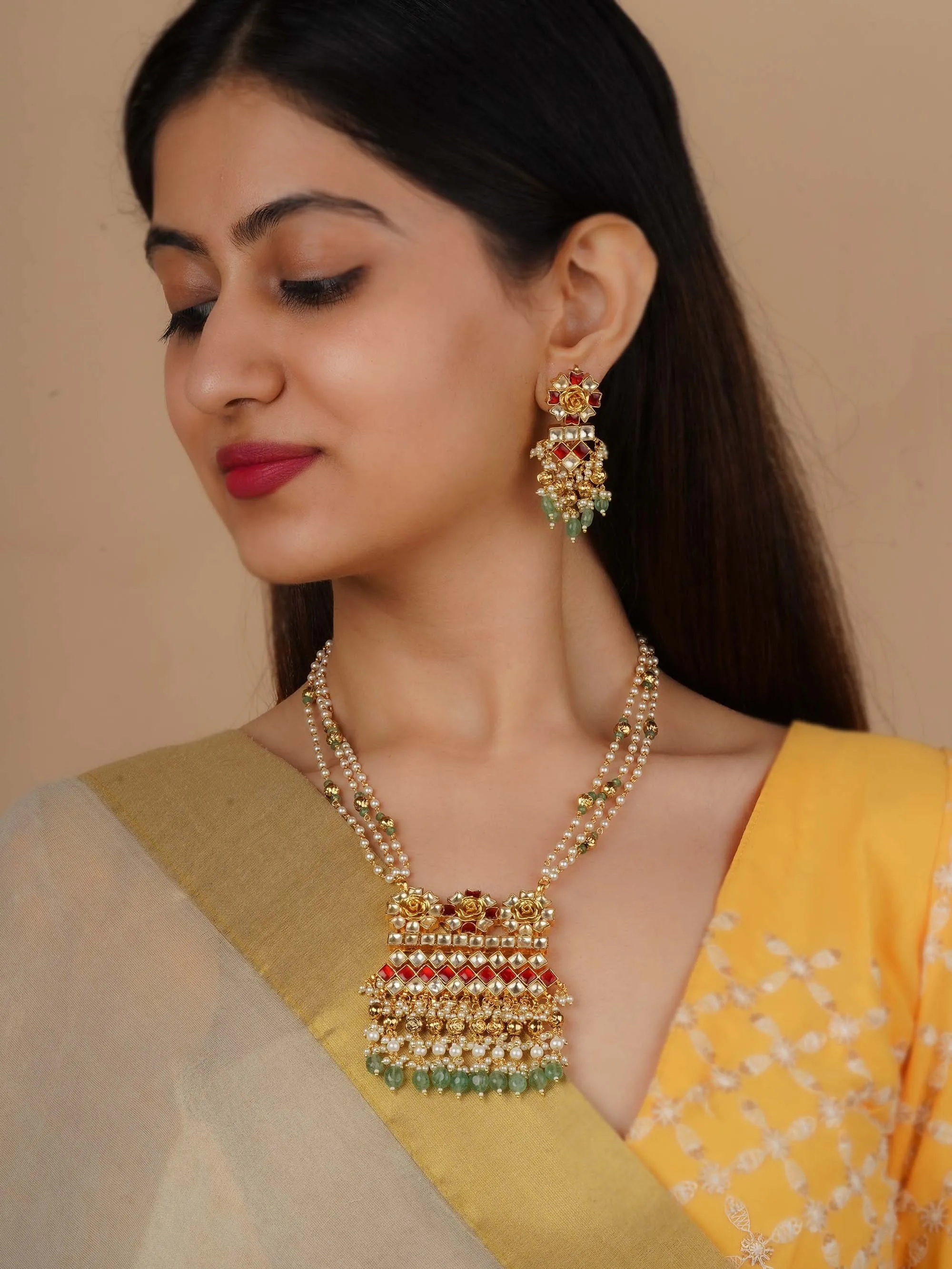 Red Color Gold Plated Jadau Kundan Necklace Set - MS2268YR