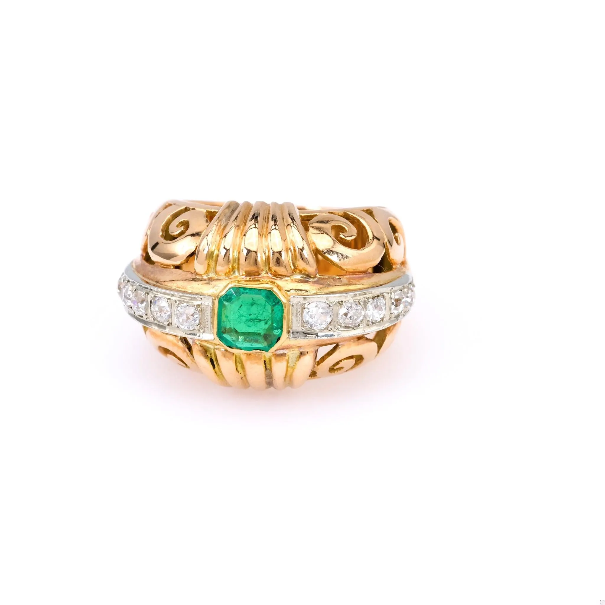 Retro French Emerald and Diamond 18k Rose Gold Platinum Dome Ring