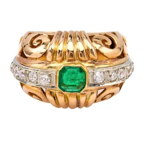 Retro French Emerald and Diamond 18k Rose Gold Platinum Dome Ring