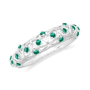 Round Created Emerald Semi Eternity Band Ring with Gold Filigree Details