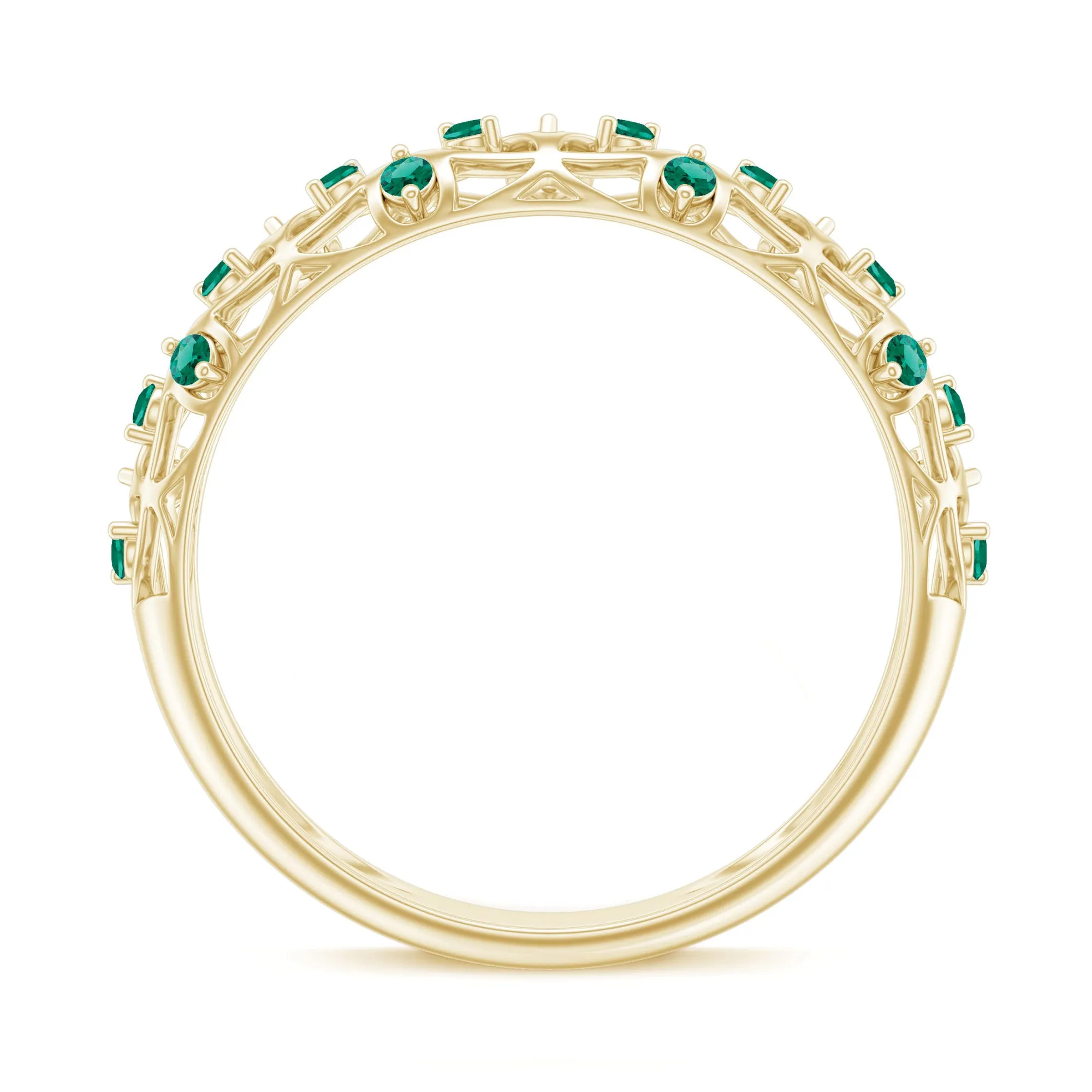 Round Created Emerald Semi Eternity Band Ring with Gold Filigree Details