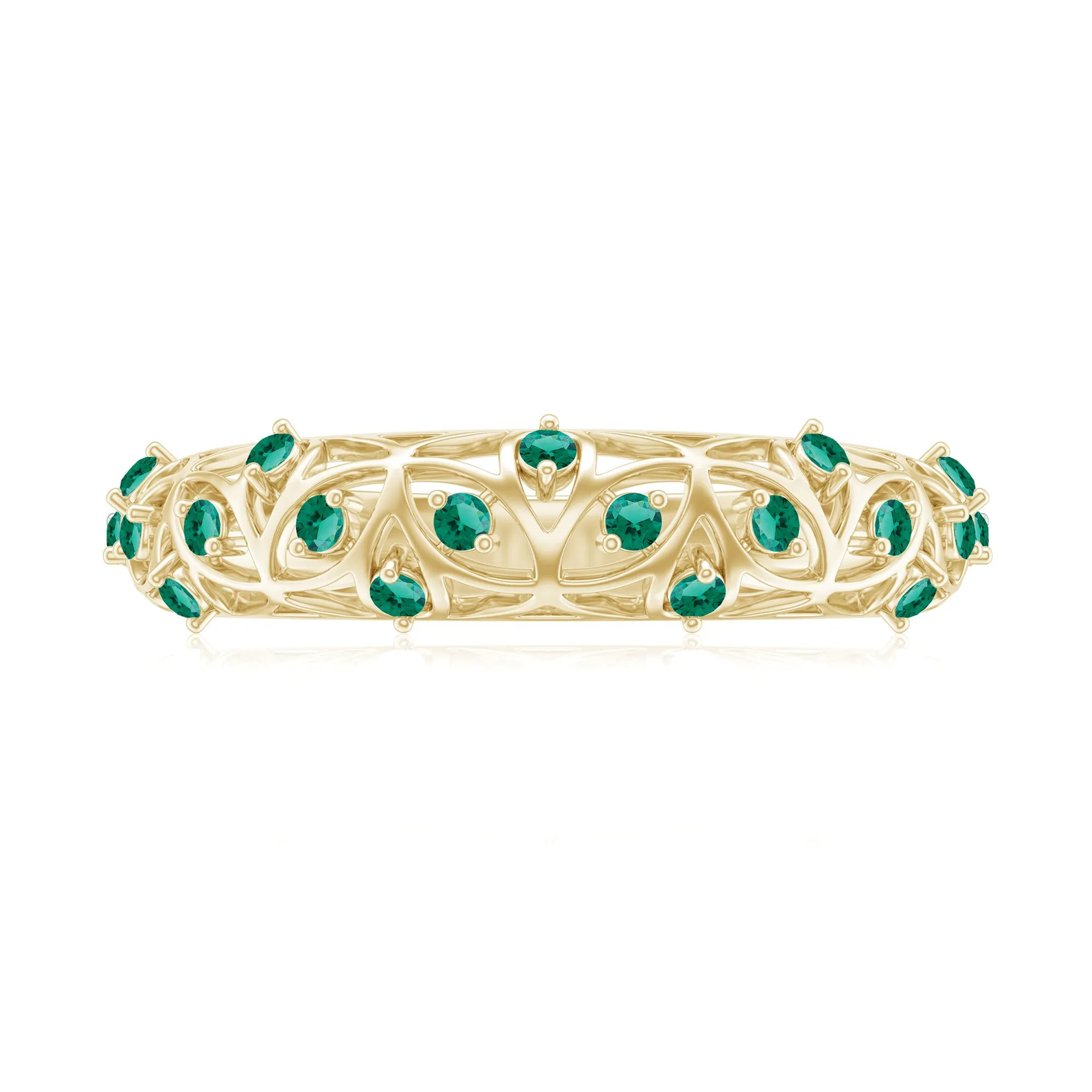 Round Created Emerald Semi Eternity Band Ring with Gold Filigree Details