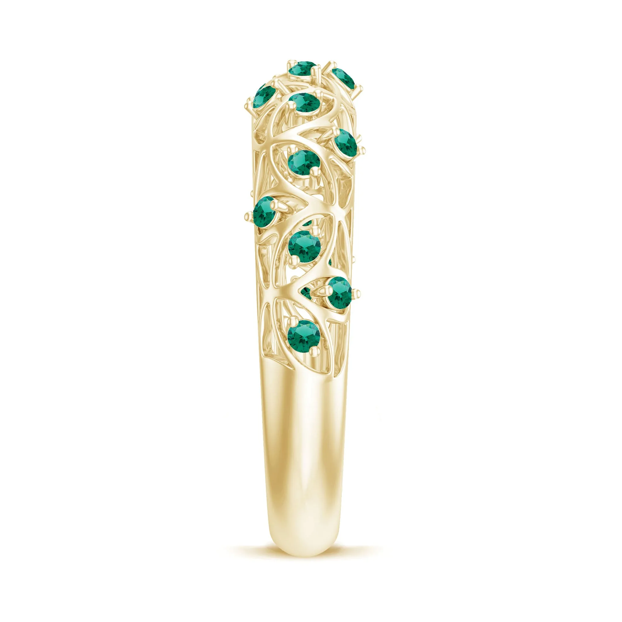 Round Created Emerald Semi Eternity Band Ring with Gold Filigree Details