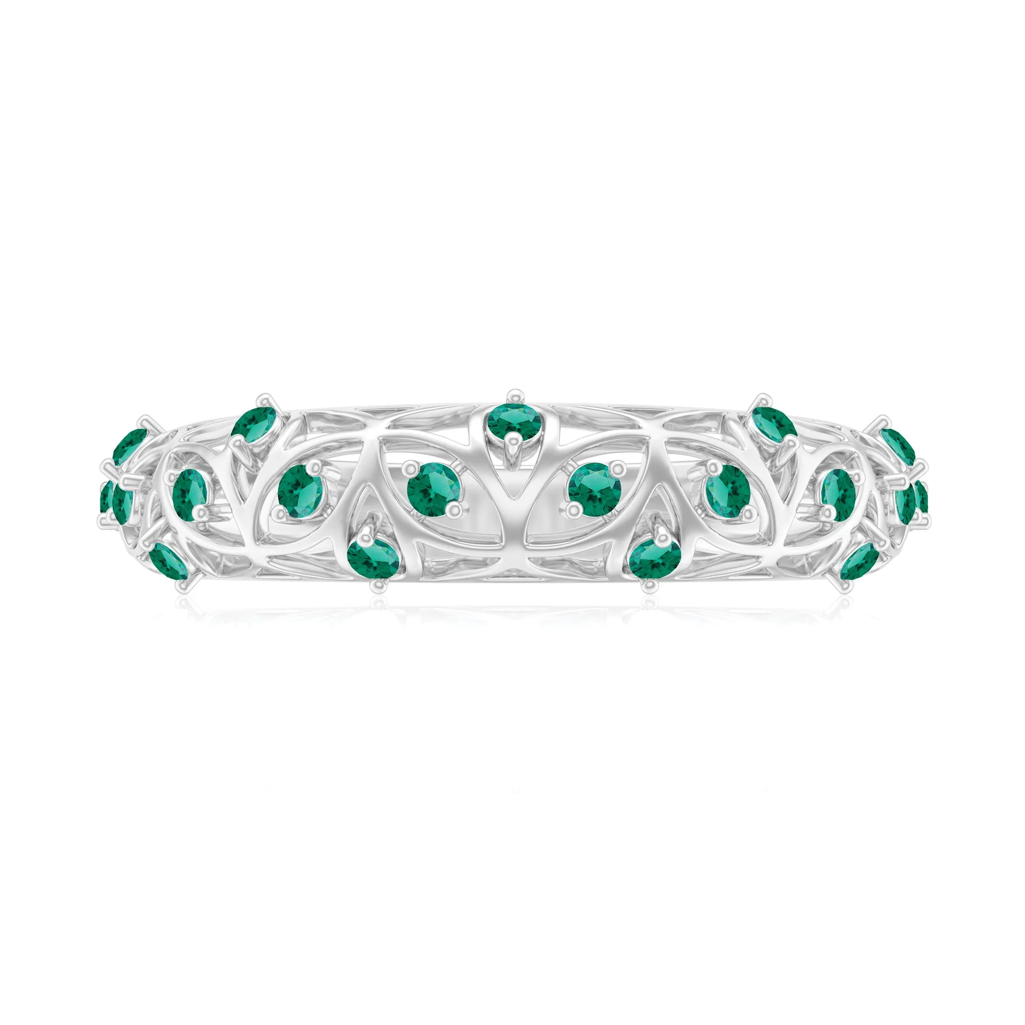 Round Created Emerald Semi Eternity Band Ring with Gold Filigree Details