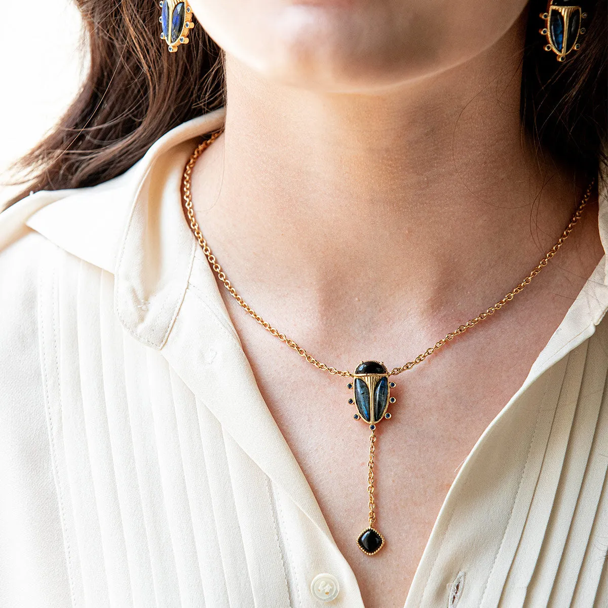 Scarab Lariat Necklace, 18" 2" - Blue Labradorite/Black Agate