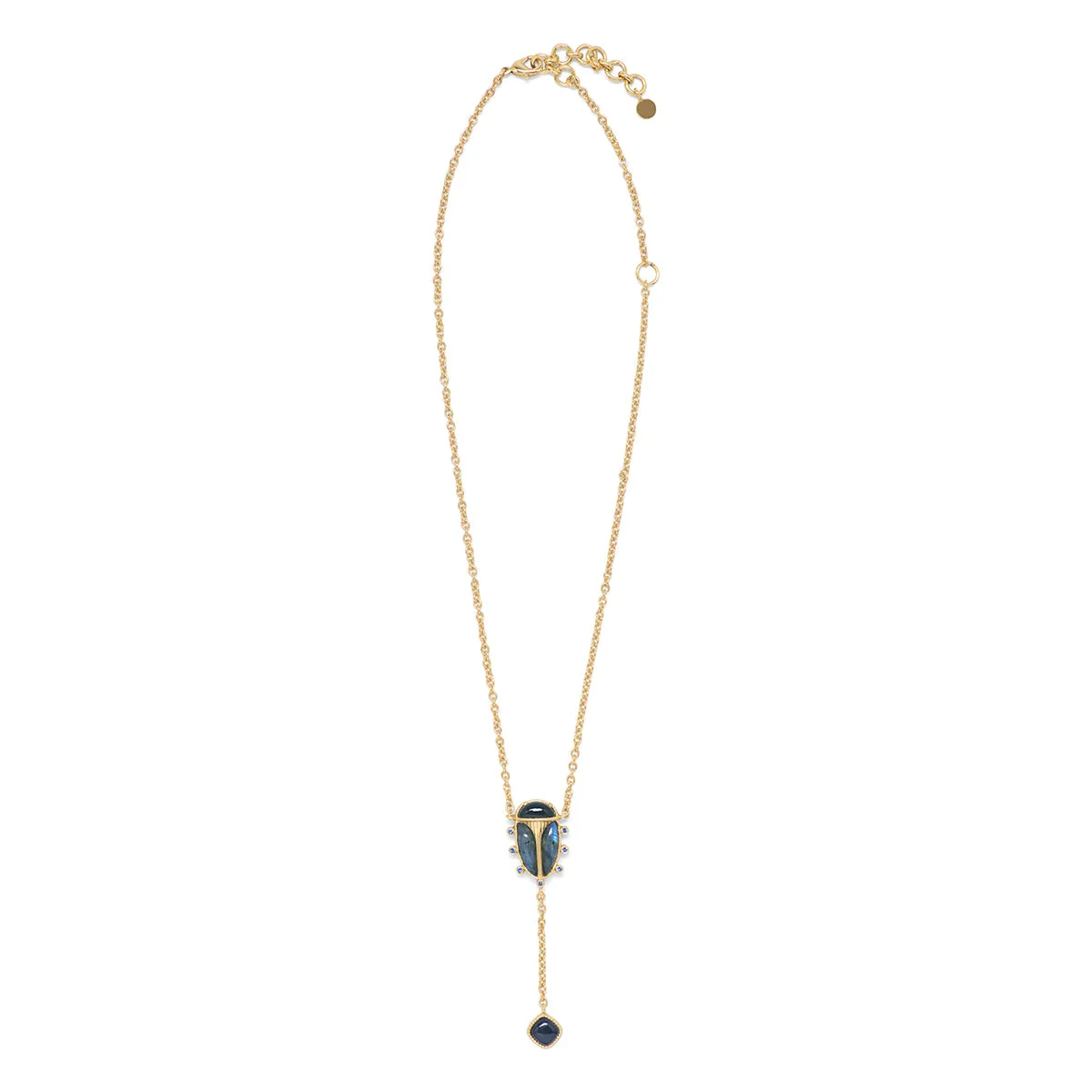 Scarab Lariat Necklace, 18" 2" - Blue Labradorite/Black Agate