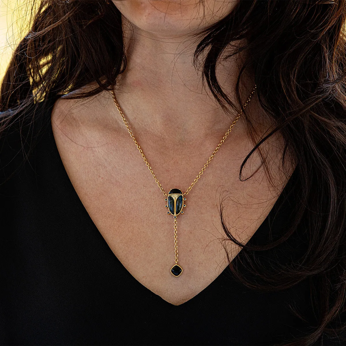 Scarab Lariat Necklace, 18" 2" - Blue Labradorite/Black Agate