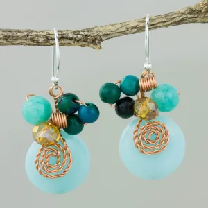 Serpentine Quartz and Glass Bead Dangle Earrings with Copper - Moonlight Garden in Aqua | NOVICA