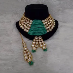 Side Kundan Centre Beads Necklace Earring And Teeka Set