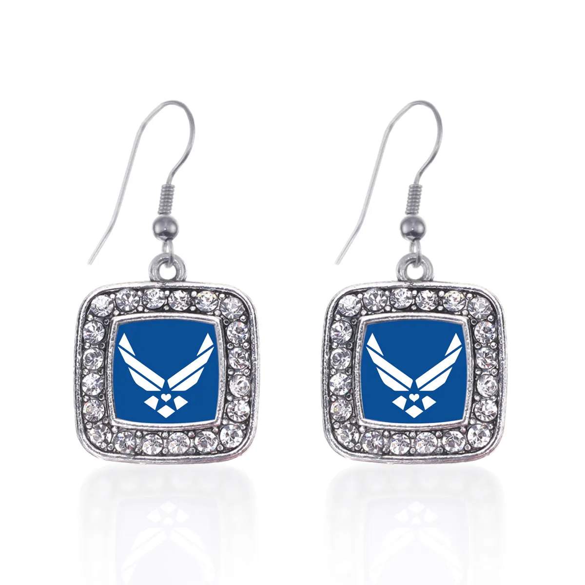 Silver Air Force Symbol Square Charm Dangle Earrings