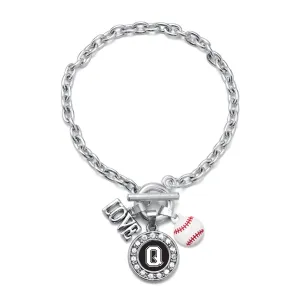 Silver Baseball - Sports Initial Q Circle Charm Toggle Bracelet