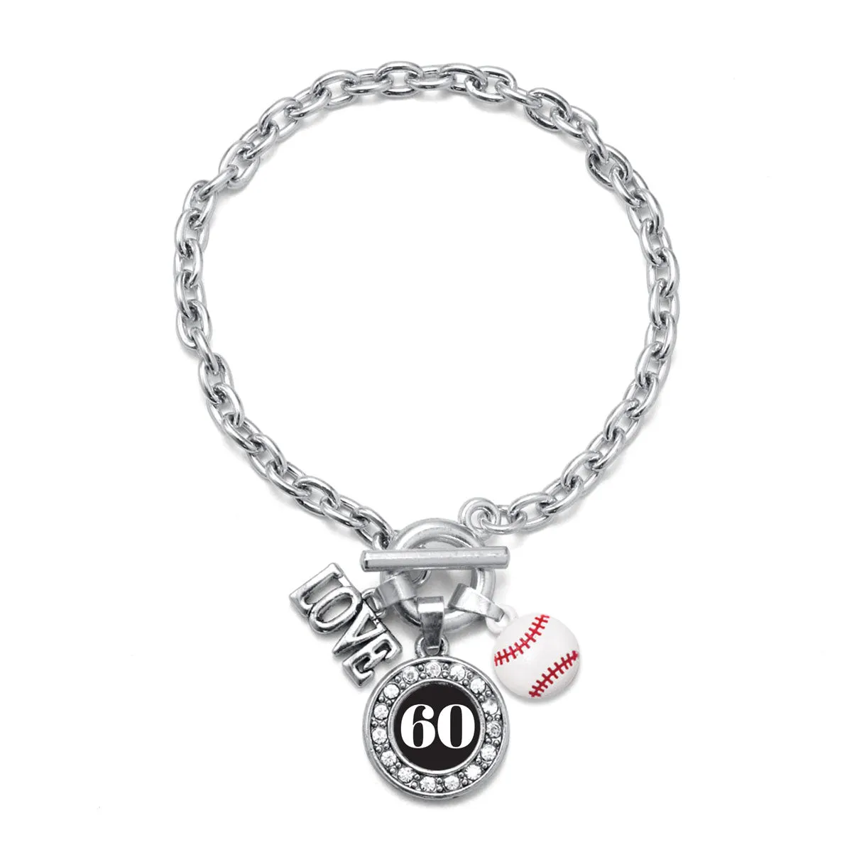 Silver Baseball - Sports Number 60 Circle Charm Toggle Bracelet