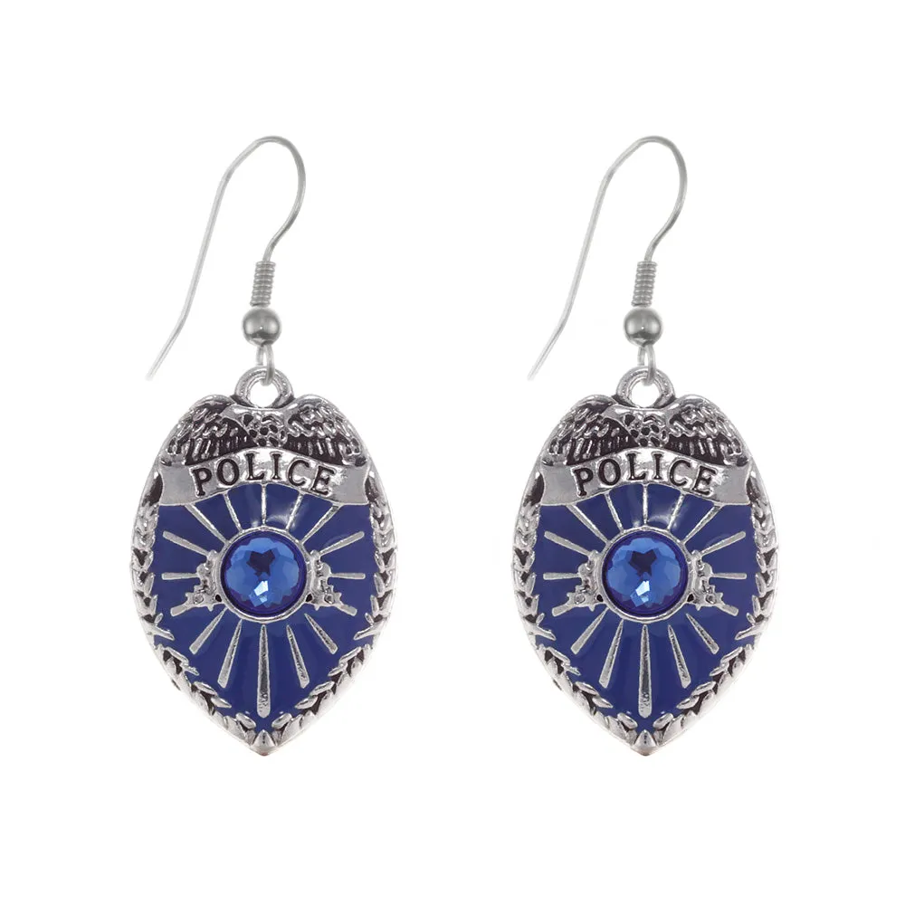 Silver Blue Police Badge Charm Dangle Earrings