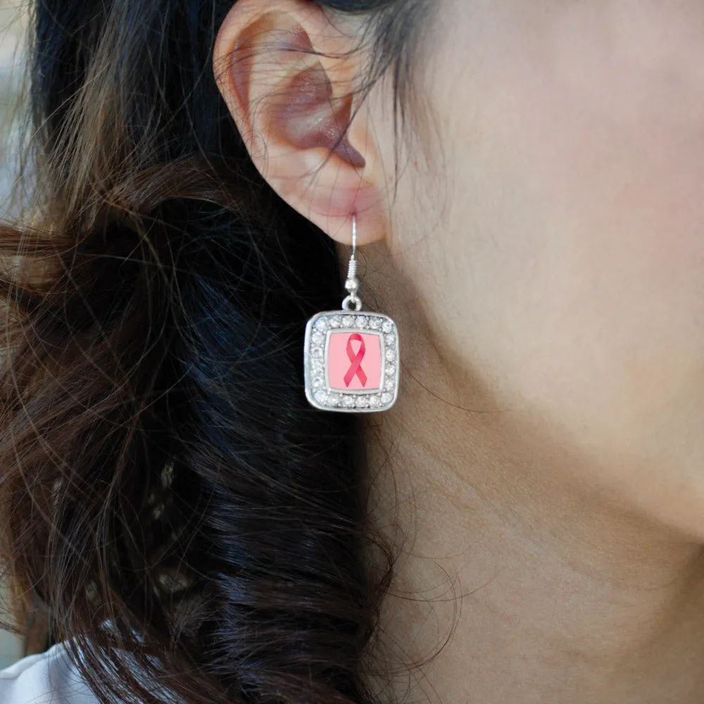 Silver Breast Cancer Square Charm Dangle Earrings