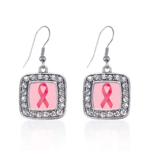 Silver Breast Cancer Square Charm Dangle Earrings