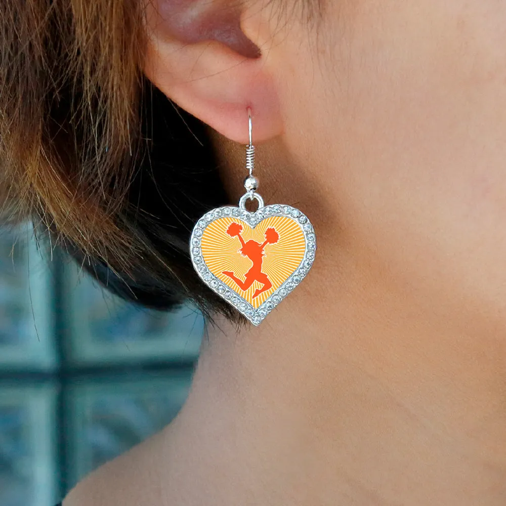 Silver Cheerleader - Orange Open Heart Charm Dangle Earrings