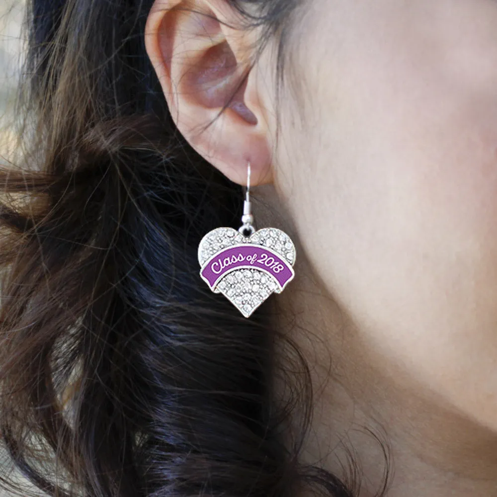 Silver Class of 2018 - Purple Pave Heart Charm Dangle Earrings