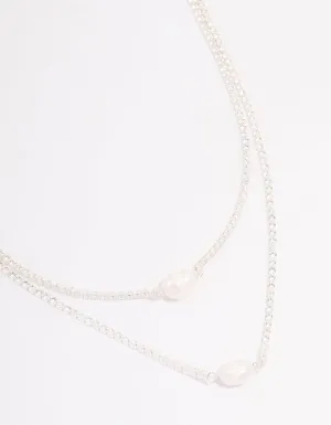 Silver Cubic Zirconia Multi-Row Pearl Necklace