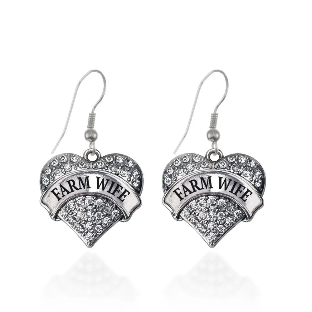 Silver Farm Wife Pave Heart Charm Dangle Earrings