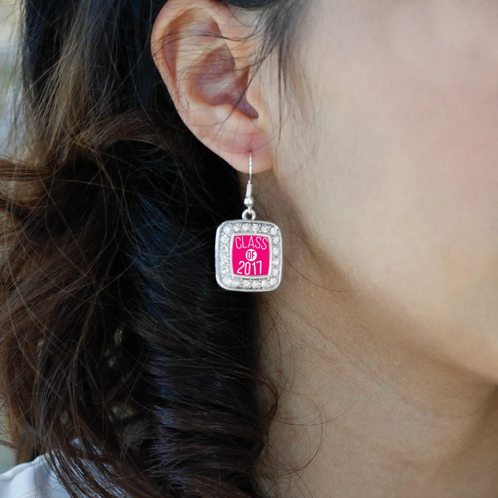 Silver Fuchsia Class of 2017 Square Charm Dangle Earrings