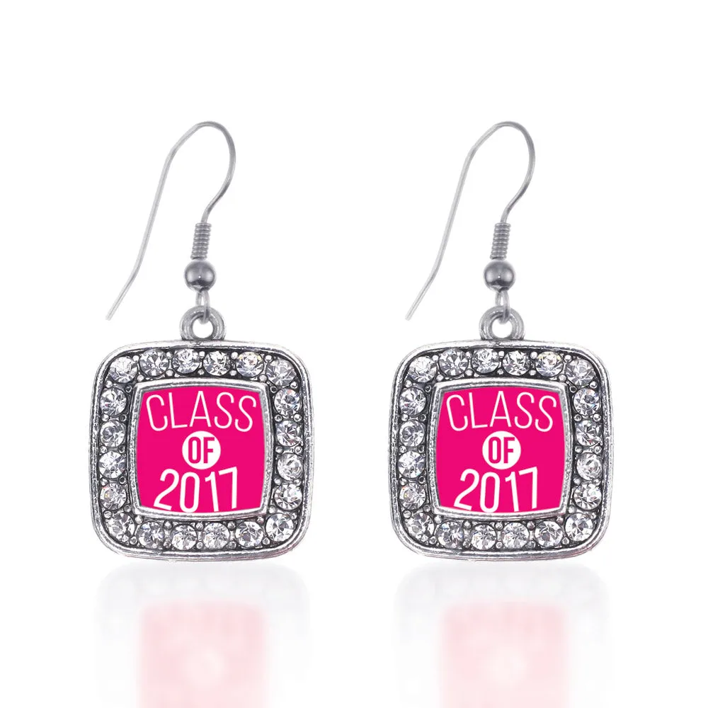 Silver Fuchsia Class of 2017 Square Charm Dangle Earrings