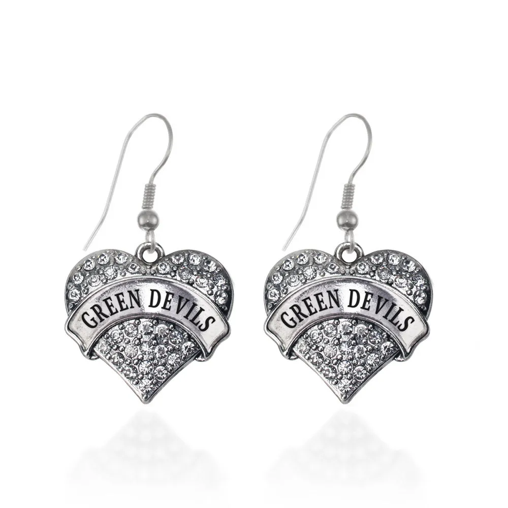 Silver Green Devils Pave Heart Charm Dangle Earrings