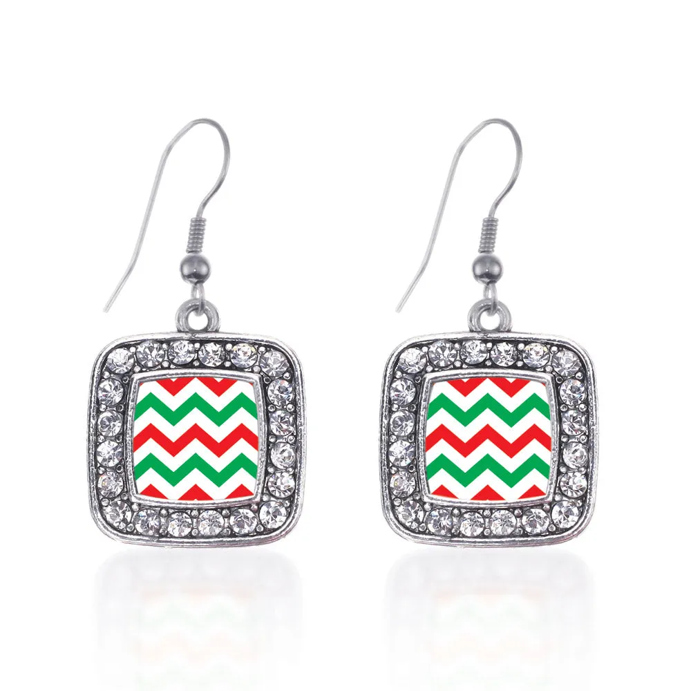 Silver Holiday Chevron Square Charm Dangle Earrings