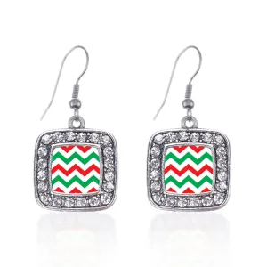 Silver Holiday Chevron Square Charm Dangle Earrings