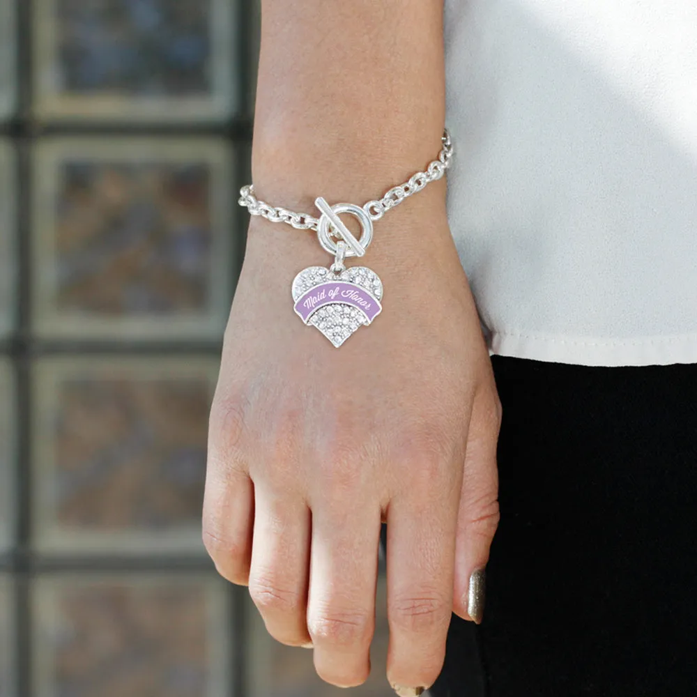 Silver Lavender Maid of Honor Pave Heart Charm Toggle Bracelet