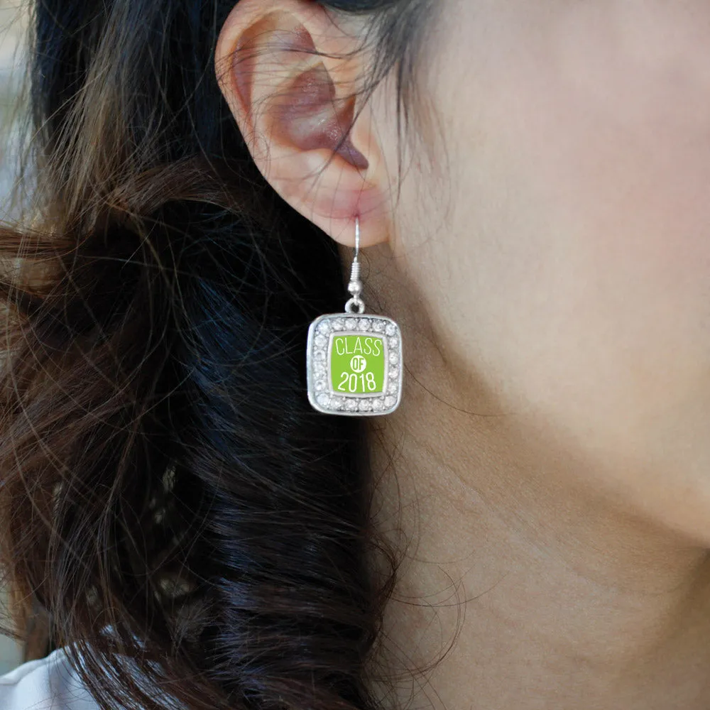 Silver Lime Green Class of 2018 Square Charm Dangle Earrings