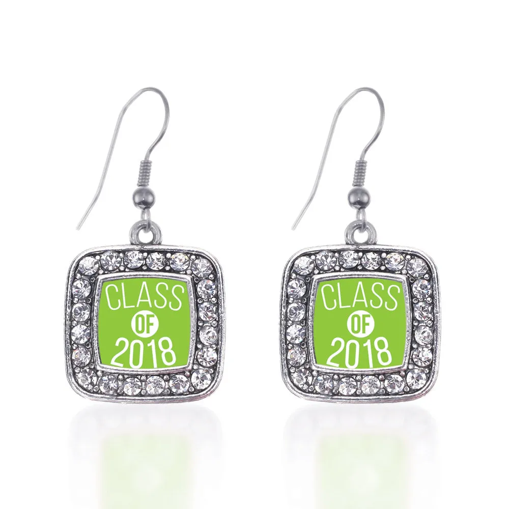 Silver Lime Green Class of 2018 Square Charm Dangle Earrings